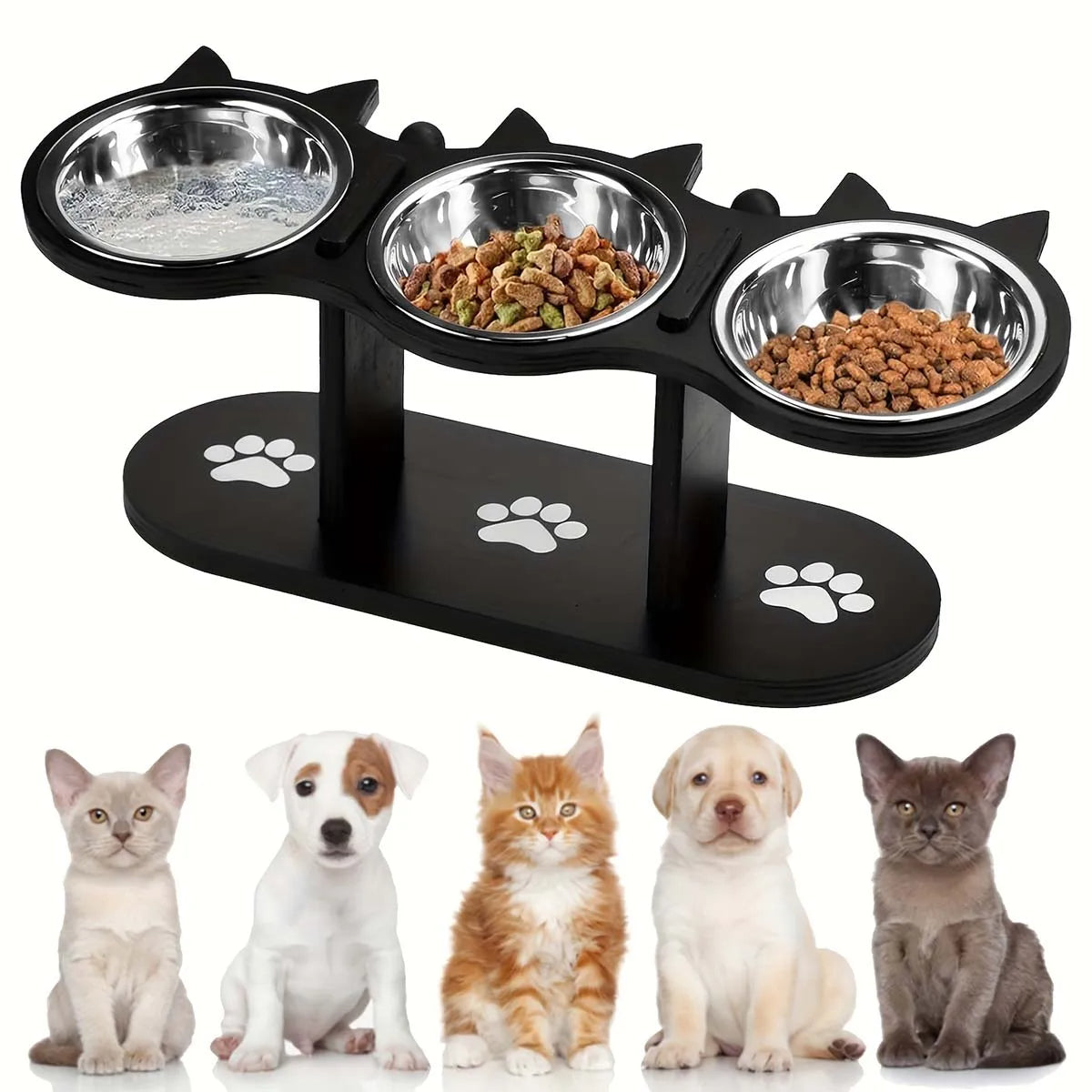 Elevated Cat Bowl with 3 Steel Dishes