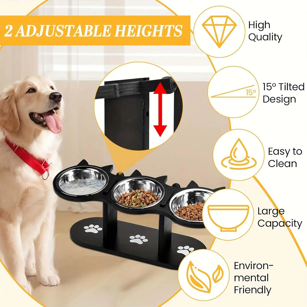 Elevated Cat Bowl with 3 Steel Dishes