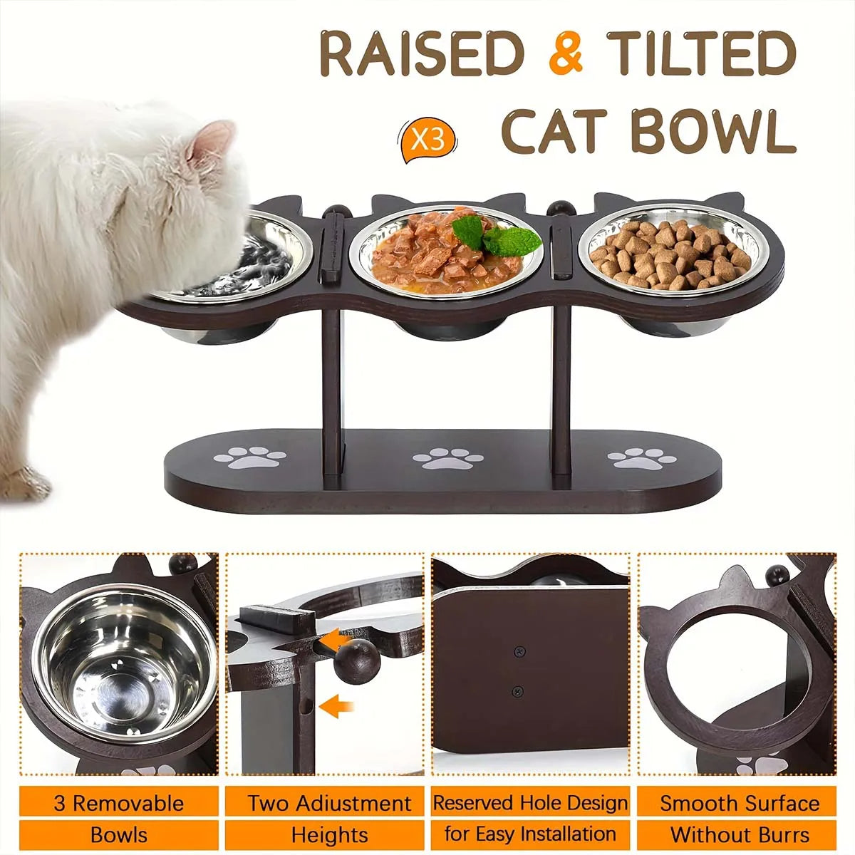 Elevated Cat Bowl with 3 Steel Dishes