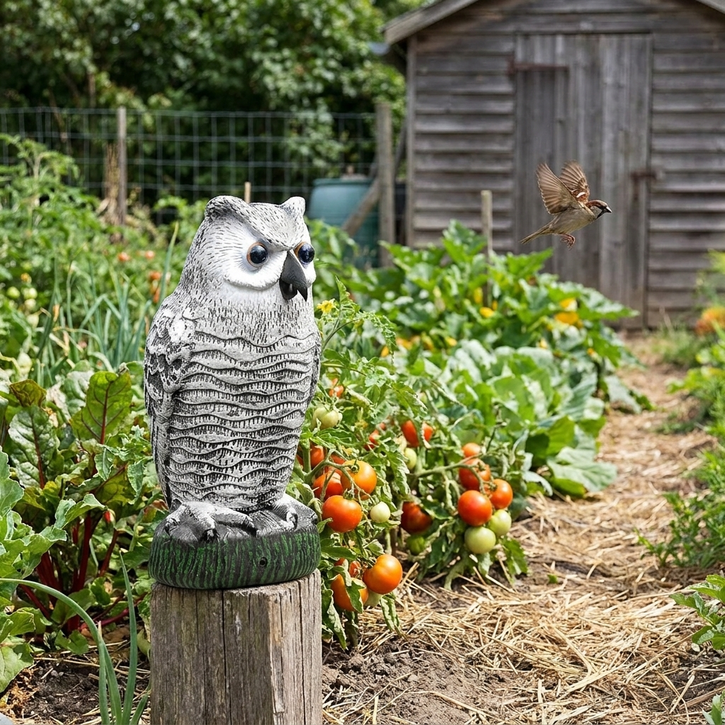 Realistic Owl Decoy Bird Repeller lifestyle