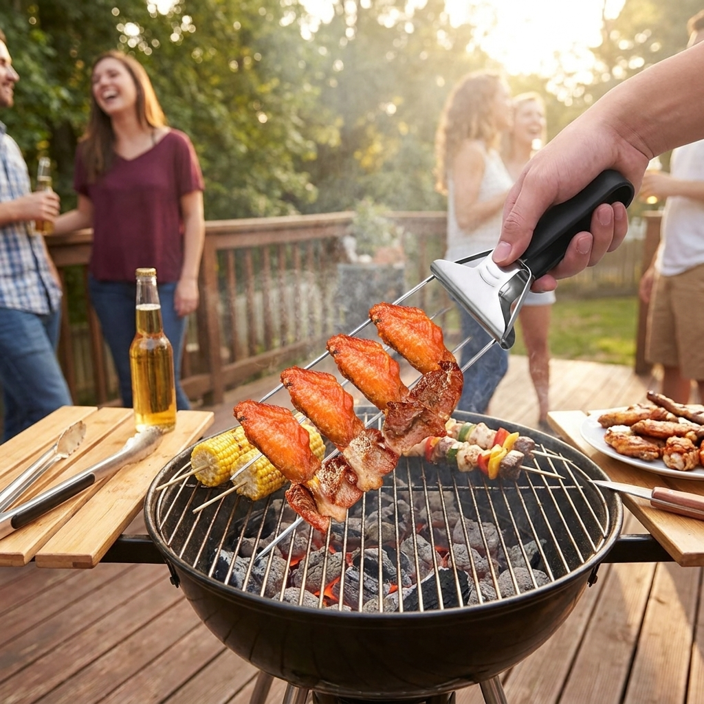 Three-prong grill skewer set lifestyle