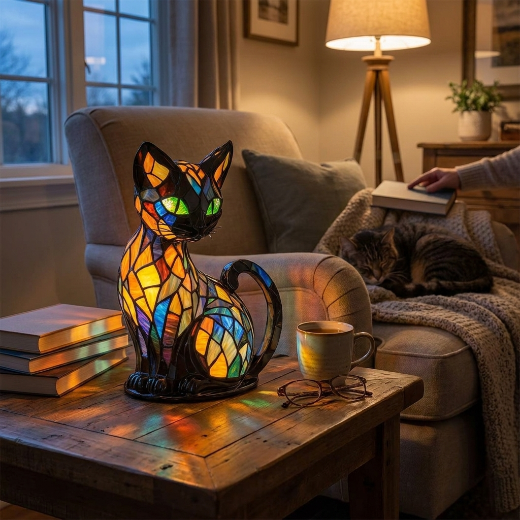 Stained Glass Cat Table Lamp lifestyle