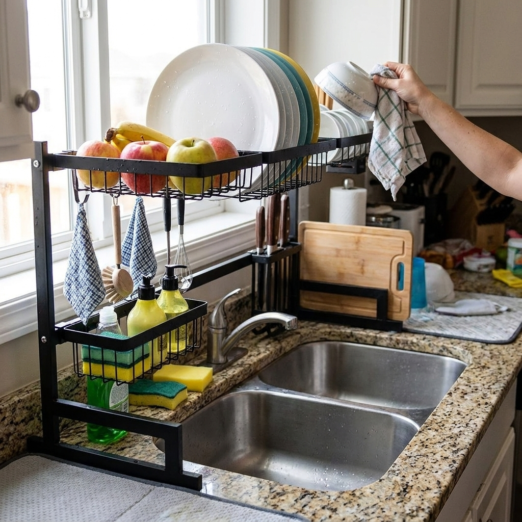 Over-Sink Stainless Dish Drying Rack lifestyle
