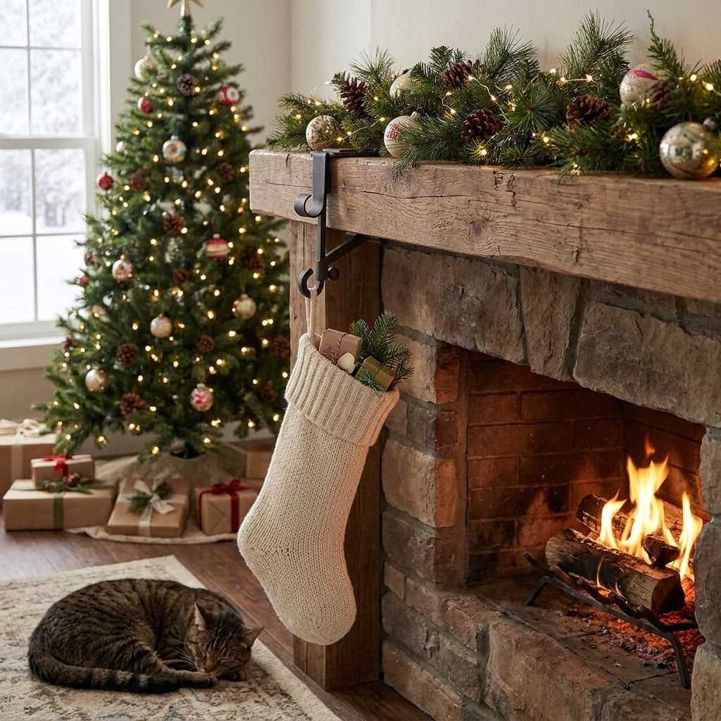 Adjustable Fireplace Stocking Garland Hanger Set lifestyle