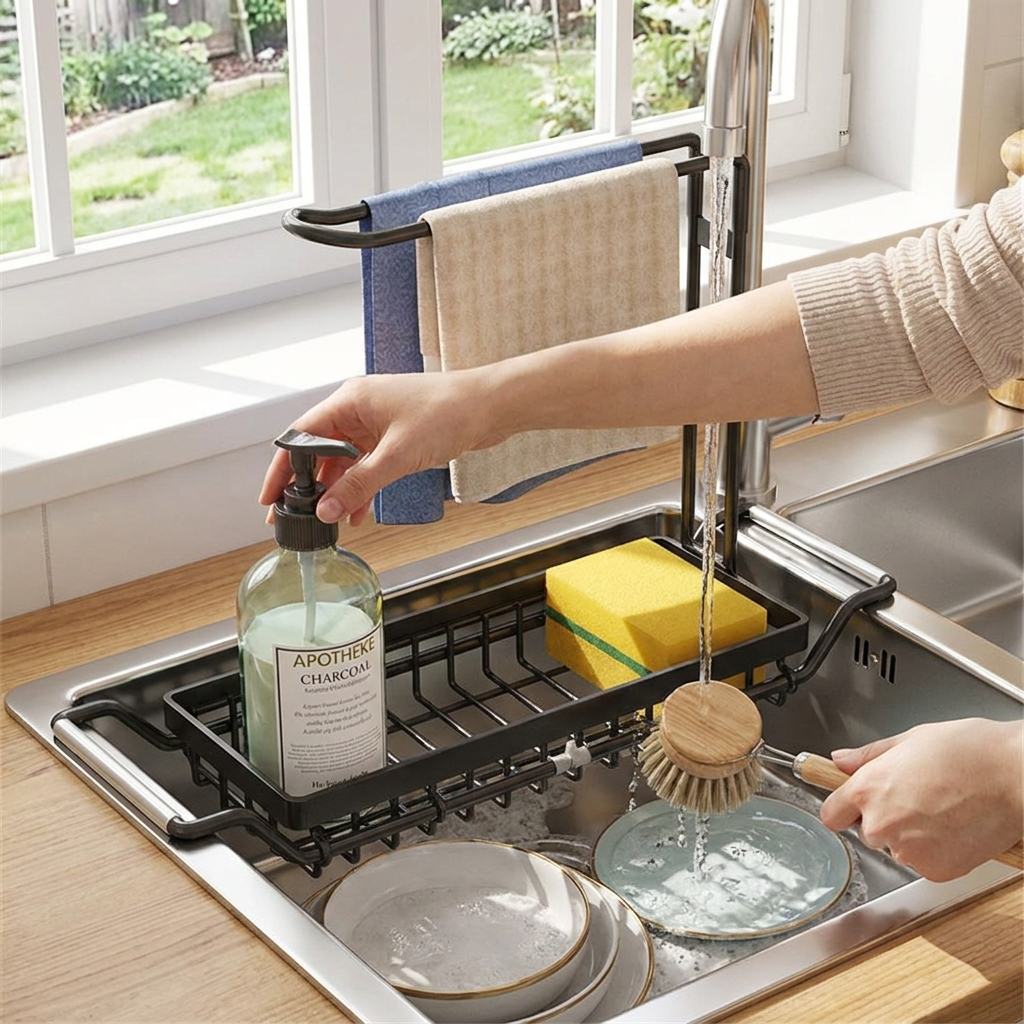 Adjustable Over-Sink Storage Shelf lifestyle