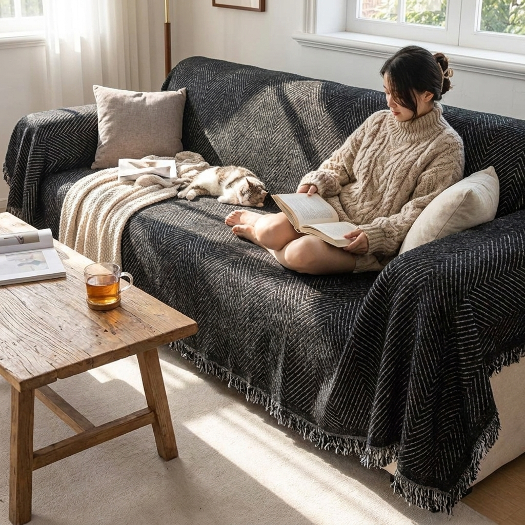 Stretch Herringbone Striped Couch Cover lifestyle