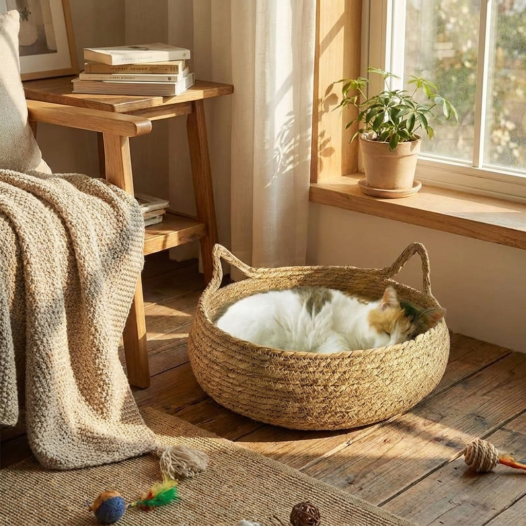 Handmade Woven Cat Bed with Warmth Pad lifestyle