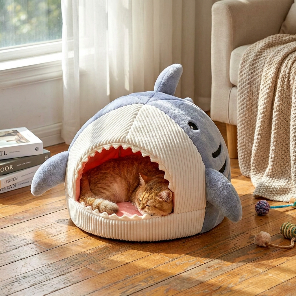 Shark-Shaped Dog and Cat Cave Bed lifestyle