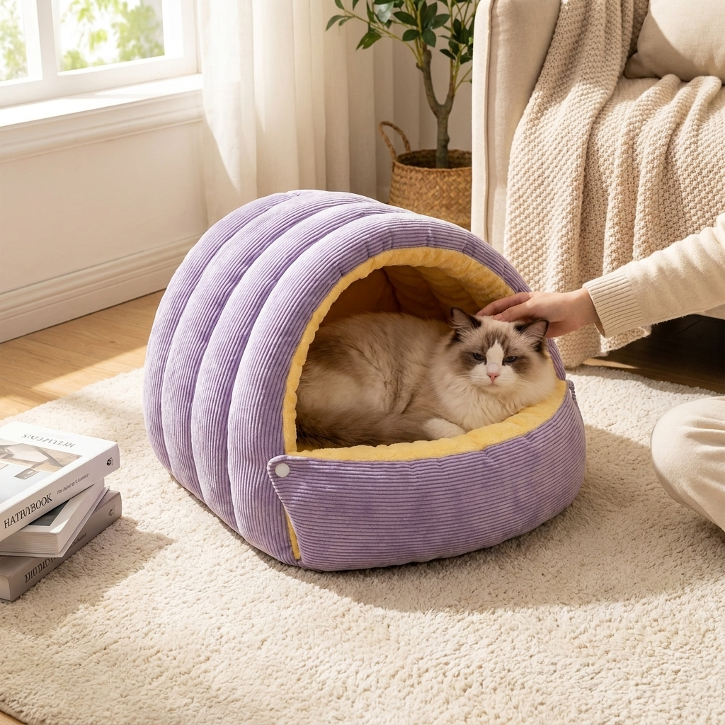 Warm Arctic Fleece Enclosed Cat Cave Bed lifestyle