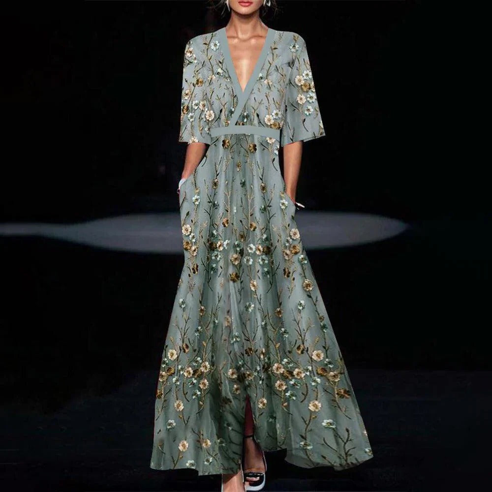 Green Half-Sleeve Maxi Dress